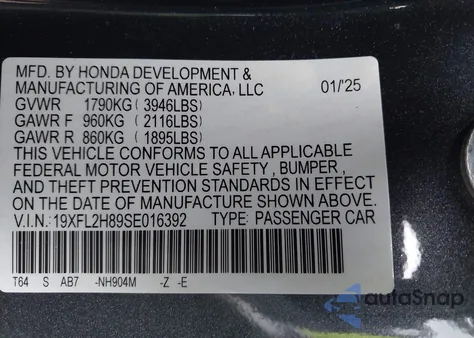 2025 Honda Civic Sedan Sport из США, поврежденный, VIN 19XFL2H89SE016392